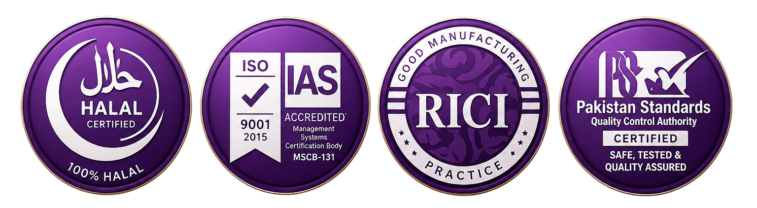 Halal Certified, ISO 9001:2015, GMP, Pakistan Standards Certified